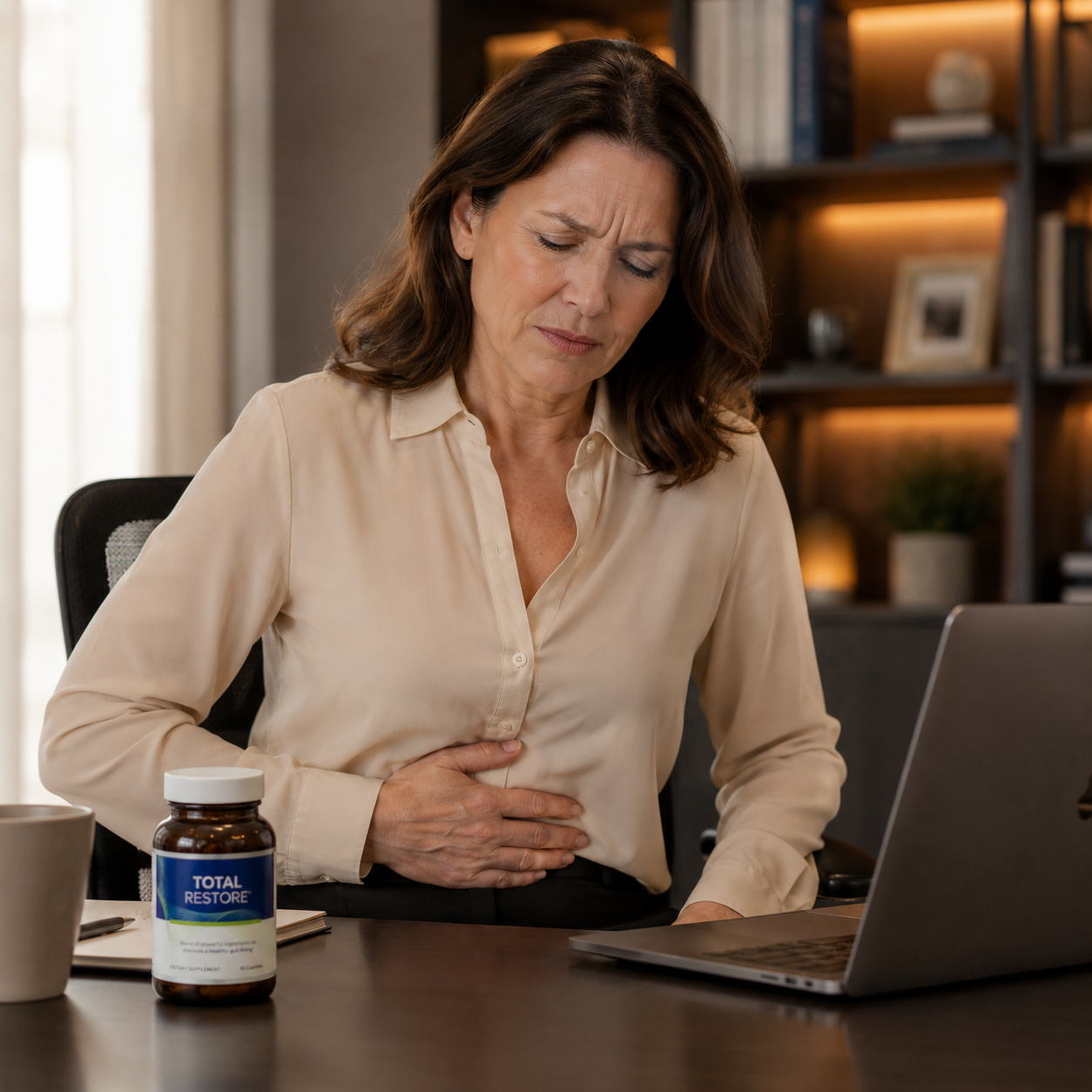 Woman experiencing digestive discomfort at work
